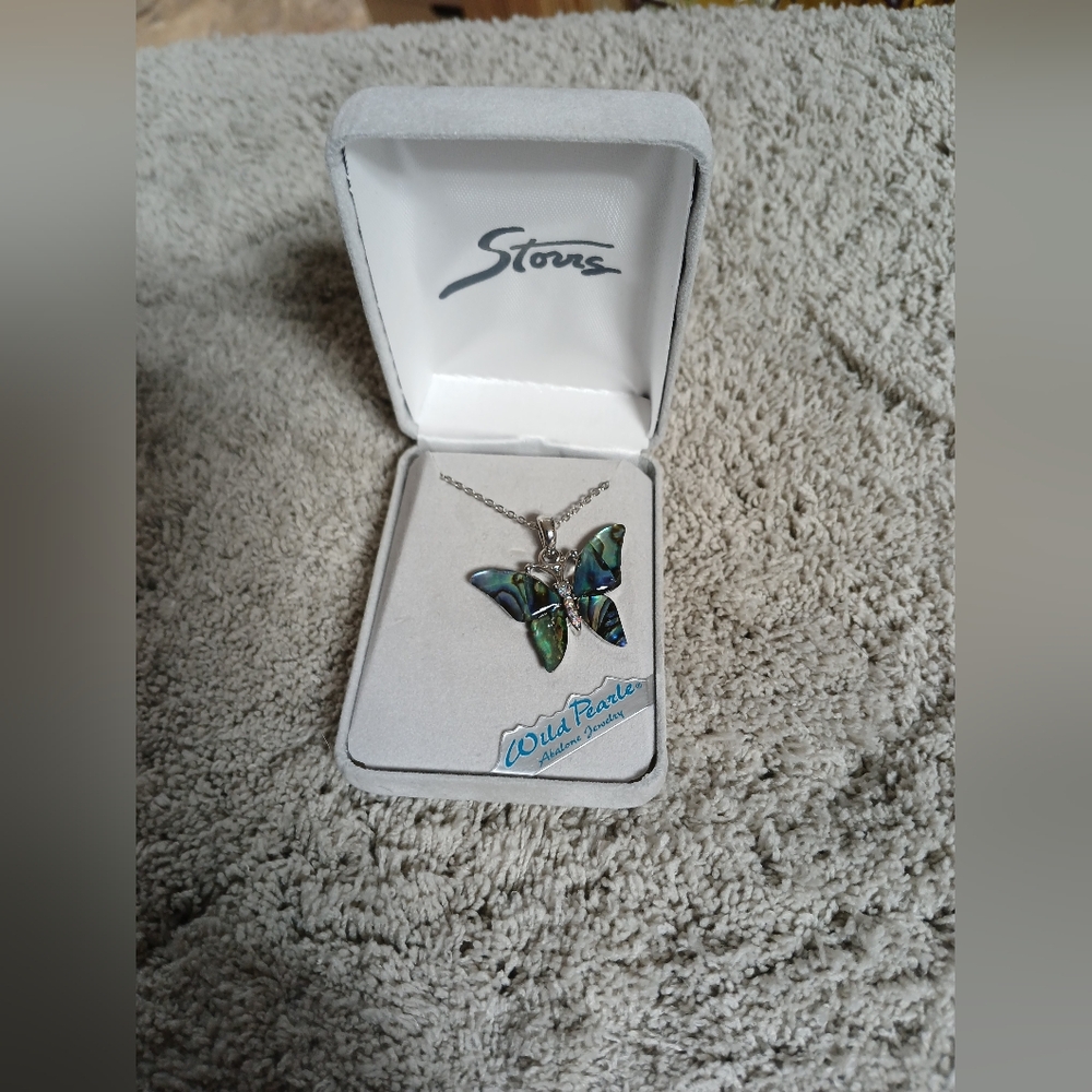 Abalone Shell Butterfly With Rhinestones | Silver Tone - Picture 3 of 6